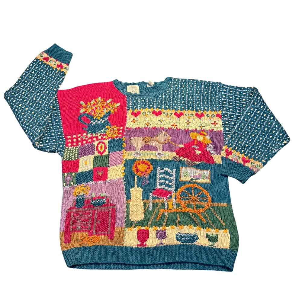 Vintage Cape Isle Knitters Hand Knitted Cottagecore Antiques Sampler Sweater XL